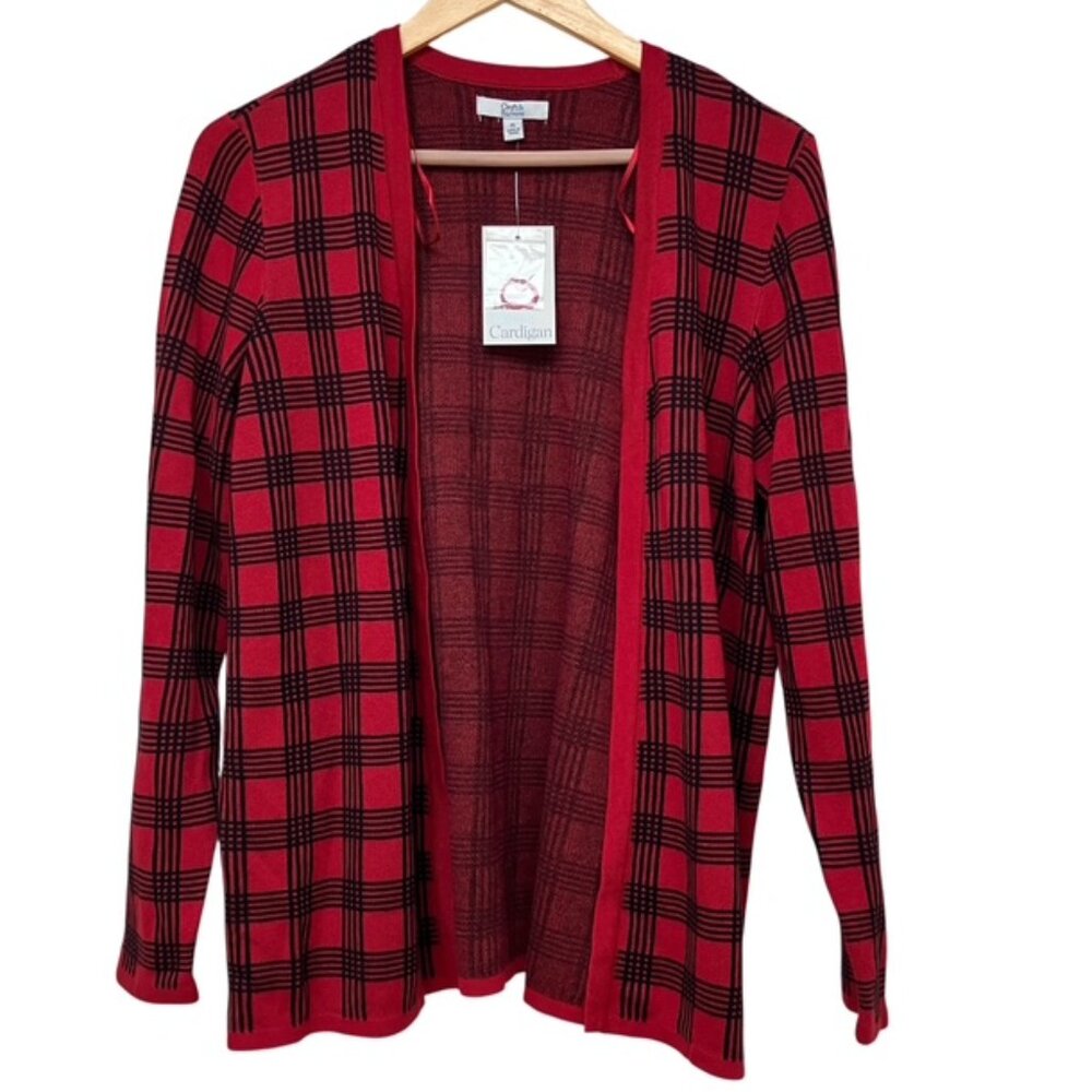 Croft & Barrow red and black windowpane plaid open cardigan NWT PL